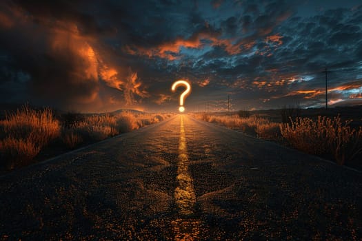 large question mark looming on winding road concept of Indecision and Uncertainty,.