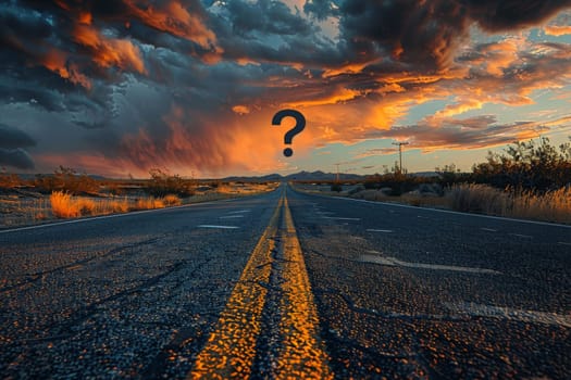 large question mark looming on winding road concept of Indecision and Uncertainty,.