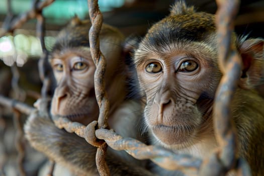 close up monkey caught in cages. . Generative AI.