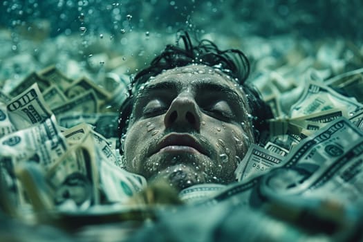 The deep dive into debt. A man submerged under a sea of money, symbolizing the suffocation and drowning effect of debt slavery in todays financially troubled society..