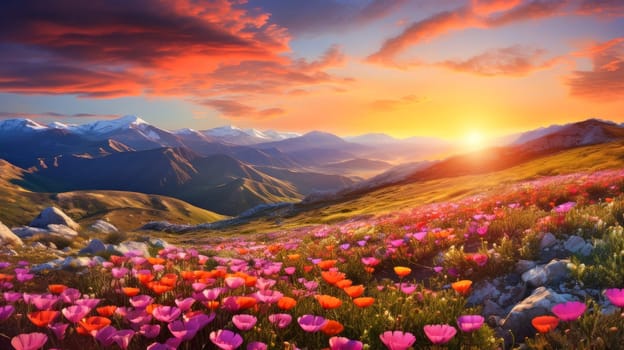 Beautiful alpine meadows with wildflowers in pink light. Beautiful landscape, picture, phone screensaver, copy space, advertising, travel agency, tourism, solitude with nature, without people.