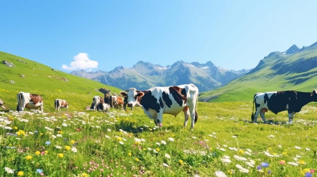 Cows graze in alpine meadows with wildflowers near the mountains. Beautiful landscape, picture, phone screensaver, copy space, advertising, travel agency, tourism, solitude with nature, without people.