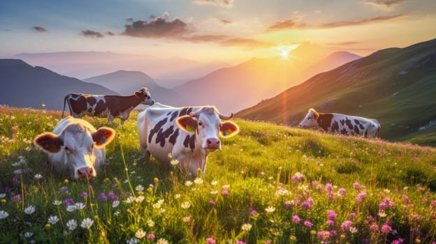 Cows graze in alpine meadows with wildflowers near the mountains. Beautiful landscape, picture, phone screensaver, copy space, advertising, travel agency, tourism, solitude with nature, without people.