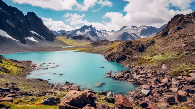 Beautiful clean lake in the mountains and rocks. Tourist place to relax. Beautiful landscape, picture, phone screensaver, copy space, advertising, travel agency, tourism, solitude with nature, without people