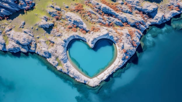 Beautiful clear lake in the shape of a heart in the mountains and rocks. Tourist place to relax. Beautiful landscape, picture, phone screensaver, copy space, advertising, travel agency, tourism, solitude with nature, without people