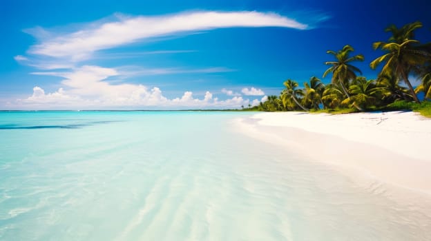 Beach with white sand and azure blue water on the island. Beautiful landscape, picture, phone screensaver, copy space, advertising, travel agency, tourism, solitude with nature, without people