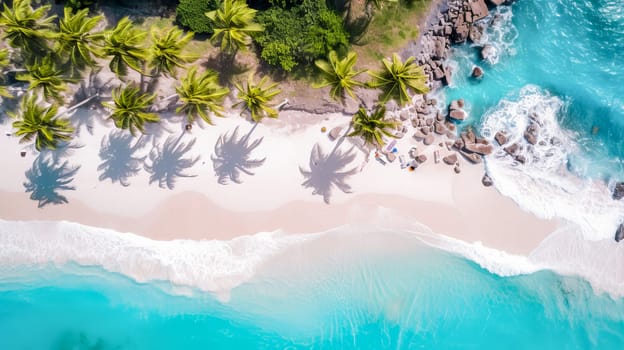 Beach with white sand and azure blue water on the island. Beautiful landscape, picture, phone screensaver, copy space, advertising, travel agency, tourism, solitude with nature, without people