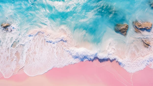 Summer seascape beautiful waves, blue sea water in sunny day. Top view from drone. Sea aerial view, amazing tropical nature background. Beautiful bright sea with waves splashing and beach sand concept.