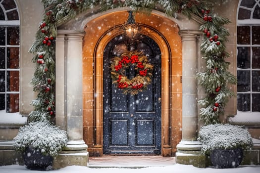 Christmas holiday, country cottage and snowing winter, wreath decoration on a door, Merry Christmas and Happy Holidays wishes, post-processed, generative ai