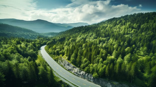 Automobile road among the forest, sea and rocks. Beautiful landscape, picture, phone screensaver, copy space, advertising, travel agency, tourism, solitude with nature, without people