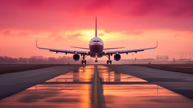 A passenger plane flying in the colorful sky. Aircraft takes off from the airport runway during the sunset. Beautiful landscape, picture, phone screensaver, copy space, advertising, travel agency, tourism, solitude with nature, without people