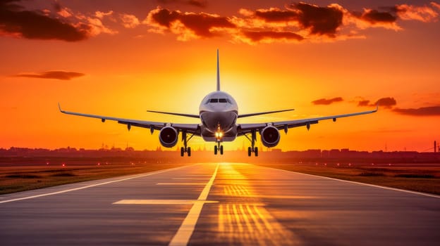 A passenger plane flying in the colorful sky. Aircraft takes off from the airport runway during the sunset. Beautiful landscape, picture, phone screensaver, copy space, advertising, travel agency, tourism, solitude with nature, without people