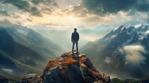 A man high in the mountains enjoys a beautiful view, landscape. Beautiful landscape, picture, phone screensaver, copy space, advertising, travel agency, tourism, solitude with nature