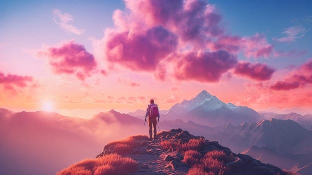 A man high in the mountains enjoys a beautiful view, landscape. Beautiful landscape, picture, phone screensaver, copy space, advertising, travel agency, tourism, solitude with nature