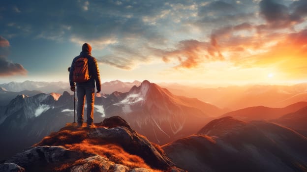 A man high in the mountains enjoys a beautiful view, landscape. Beautiful landscape, picture, phone screensaver, copy space, advertising, travel agency, tourism, solitude with nature