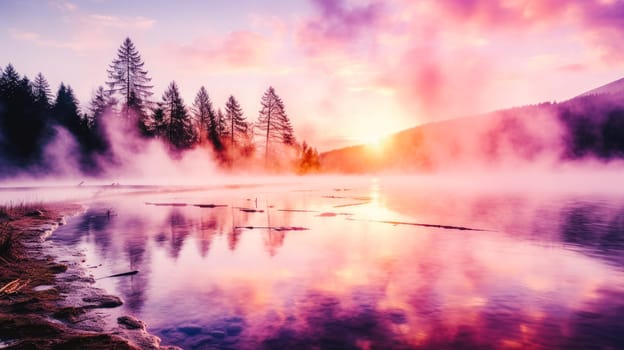 At dawn, fog over a lake in the mountains. Beautiful landscape, picture, phone screensaver, copy space, advertising, travel agency, tourism, solitude with nature, without people