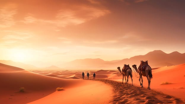 Tuareg with camels walk thru the desert on the western part of The Sahara Desert in Morocco. The Sahara Desert is the world's largest hot desert. Beautiful landscape, picture, phone screensaver, copy space, advertising, travel agency, tourism