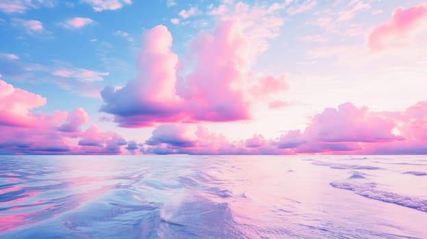 Pink sunset on the shore of the lake, sea sand, beautiful colors in sky, clouds over the water surface. Beautiful landscape, picture, phone screensaver, copy space, advertising, travel agency, tourism, solitude with nature, without people, outdoors.