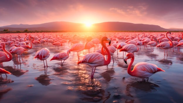 Africa. Kenya. Flamingo. Flock of flamingos. The nature of Kenya. Birds of Africa. Beautiful landscape, picture, phone screensaver, copy space, advertising, travel agency, tourism, solitude with nature without people