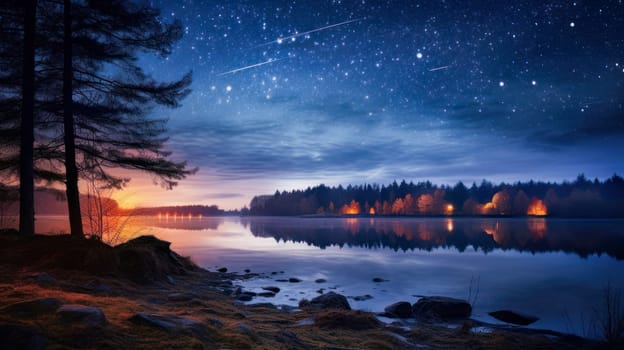 Beautiful night landscape with stars over the water. Beautiful Milky Way in the sky on a summer day. Beautiful landscape, picture, phone screensaver, copy space, advertising, travel agency, tourism, solitude with nature, without people