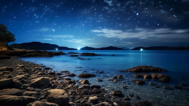 Beautiful night landscape with stars over the water. Beautiful Milky Way in the sky on a summer day. Beautiful landscape, picture, phone screensaver, copy space, advertising, travel agency, tourism, solitude with nature, without people