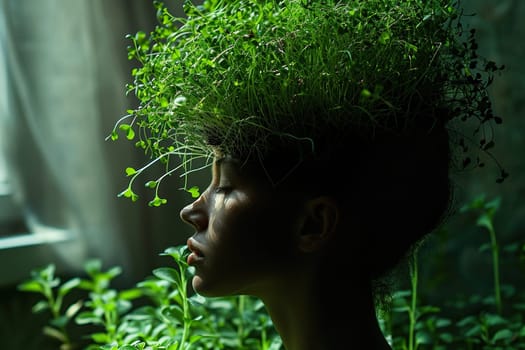 Silhouette of a dark-skinned attractive woman with microgreens in her hair. Mental health or environment concept.