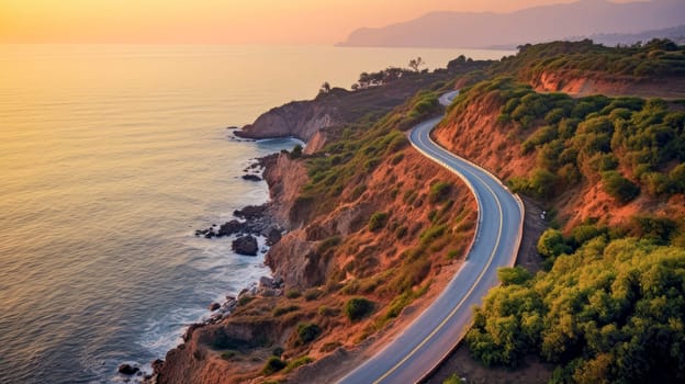 Automobile road among the forest, sea and rocks. Beautiful landscape, picture, phone screensaver, copy space, advertising, travel agency, tourism, solitude with nature, without people