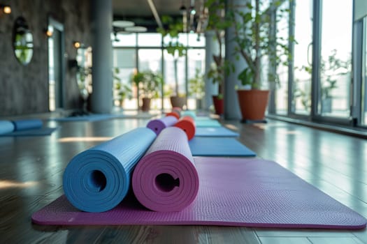 Close-up of rolled yoga or fitness mats on a wooden floor in a yoga studio.