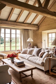 Modern cottage sitting room, living room interior design and country house home decor, sofa and lounge furniture, English Cotswolds countryside style interiors