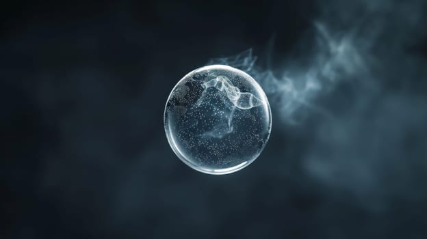 A close up of a clear bubble with many small bubbles surrounding it. The bubbles are all different sizes and are scattered around the main bubble. The image has a calm and serene mood