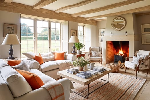 Modern cottage sitting room with fireplace, living room interior design and country house home decor, sofa and lounge furniture, English countryside style interiors