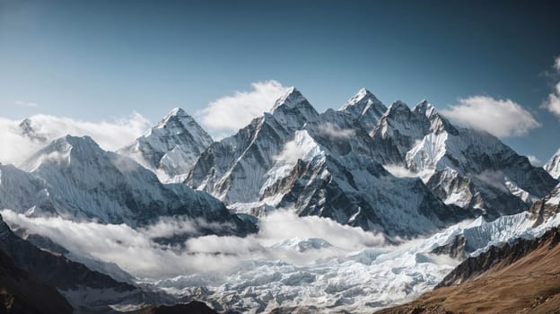 fantastic landscape of Himalayan peaks mountain with snow cap at the top and hills and valley for multimedia content creation