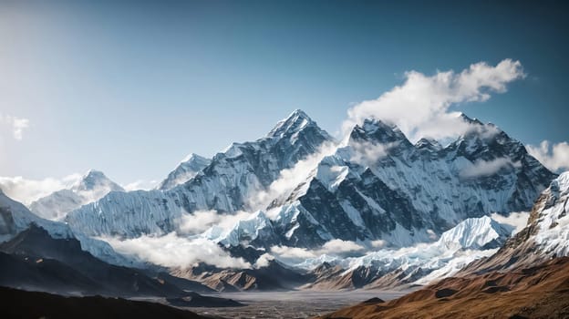 fantastic landscape of Himalayan peaks mountain with snow cap at the top and hills and valley for multimedia content creation