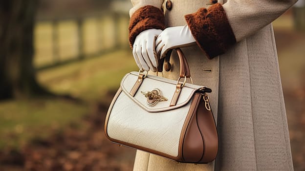 Fashion, accessory and style, autumn winter womenswear clothing collection, woman wearing elegant clothes, gloves and handbag, English countryside look inspiration