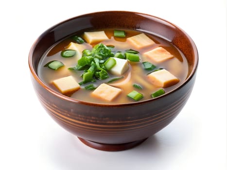 Japanese miso soup in a ceramic bowl on white background. Ai generated image