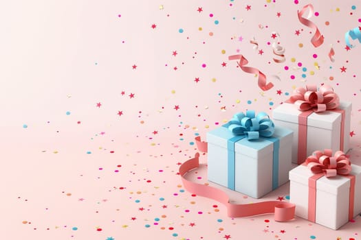 A white and blue box with a pink ribbon is on a pink background with confetti. The box is surrounded by confetti and ribbons, giving the impression of a celebration