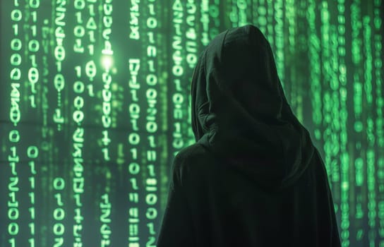 Rear view of mysterious hacker silhouette in a hood isolated on large green digital background with complex code