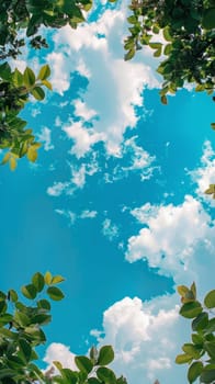 Botton view of blue sky and white clouds surrounded by green leaves and copy space.