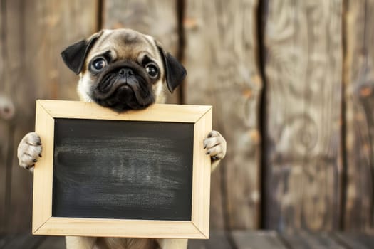 pug dog hold empty clean sign black board with copy space.