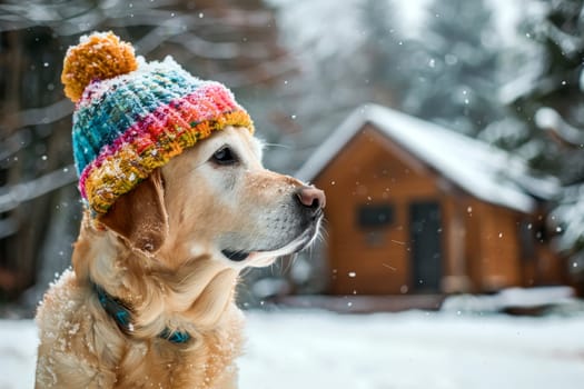 a dog wearing a knitted hat in a snowy landscape with a rustic cabin in the background..