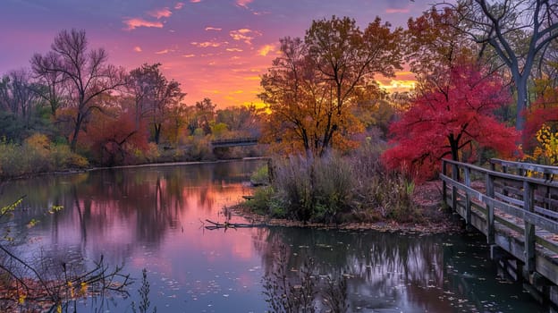 Autumn river with a bridge. Trees with leaves.