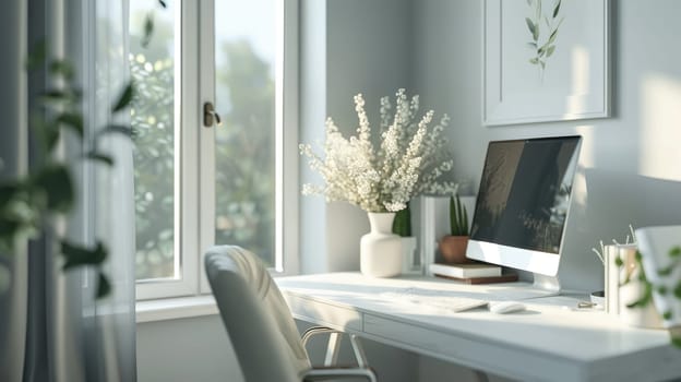 A serene home office with a clean workspace and subtle bokeh lighting for a mindful ambiance.