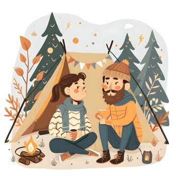 A man and a woman are sitting by a rectangular tent in the woods, surrounded by trees. The scene resembles a cartoon illustration with a touch of artistic painting