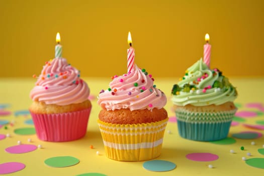 Celebration concept three cupcakes with candles on polka dot table with confetti and party theme