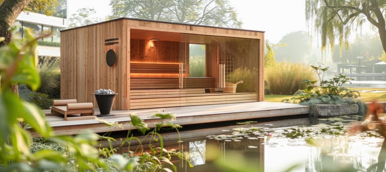 A wooden sauna is peacefully placed on a dock by a serene pond, blending beautifully with the natural landscape