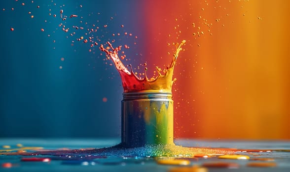 Rainbow paint splashes out of a can. Selective focus.