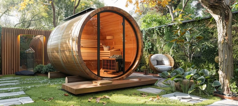 In the garden, a wooden barrel surrounded by grass, trees, and an asphalt road blends into the natural landscape