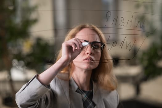 Caucasian woman writing pyramid diagram with questions on glass wall