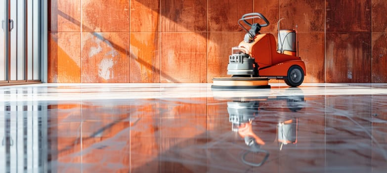A machine with a wheel is using it to polish a marble floor surface, creating a smooth and shiny finish