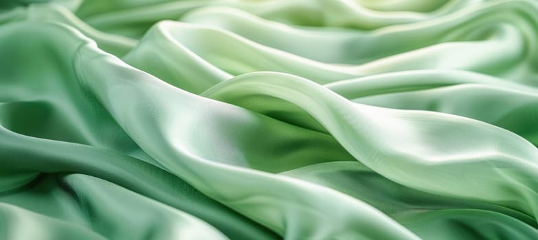 The image displays the intricate beauty of a green satin fabric in a closeup view, emphasizing its details